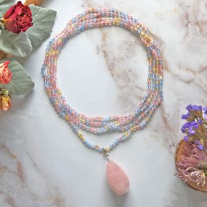 MGR 70 Women's 4MM Pastel Agate Beaded Necklace with a Rose Quartz Pendant
