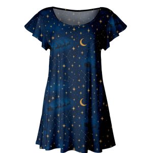 Lily by Firmiana Women's Short Sleeve Flutter Hem Tunic Top Blue and Gold Santa Silhouette Sky Print