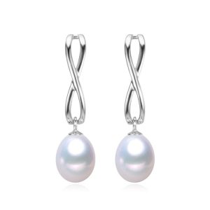 Sterling Silver Infinity White Freshwater Pearl Drop Earrings