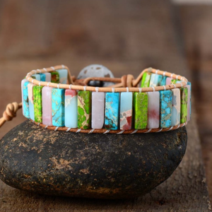 Green Multi Colored Jasper Bar Leather Bracelet