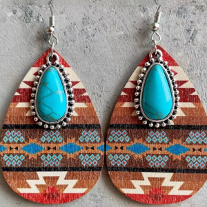 Brown Aztec and Multi Colored Patterned & Turquoise Teardrop Drop Earrings