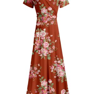 Lily by Firmiana Women's Short Sleeve Wrap-Style Maxi Dress with Tie Rust & Pink Floral Mix