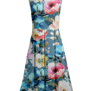 Lily by Firmiana Women's Sleeveless Dress with Pleated Skirt Blue & Pink Floral Mix