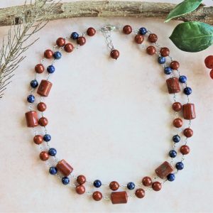 MGR Women's Mixed Stone Hand Wired Wrapped Red Jasper & Lapis Necklace