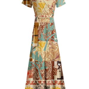 Lily by Firmiana Women's Short Sleeve Wrap-Style Maxi Dress with Tie Tan & Aqua Patchwork Mix
