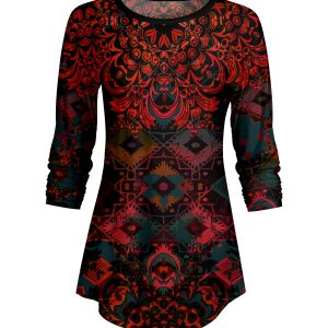Lily by Firmiana Women's ¾ Sleeve Scoop Neck Tunic Top Red & Black Baroque Holiday