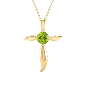 Gold Over Sterling Silver Round Shape Natural Peridot Cross Pendant with 18 Cable Chain
