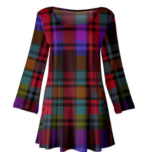 Lily by Firmiana Women's Long Sleeve Scoop Neck Flared Hem Tunic Red & Navy Plaid Tunic