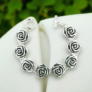 Vera & Co Sterling Silver 8 Rose Flower links Women Bracelet with Toggle Closure