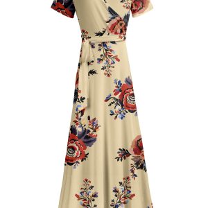 Lily by Firmiana Women's Short Sleeve Wrap-Style Maxi Dress with Tie Cream & Red Floral Border