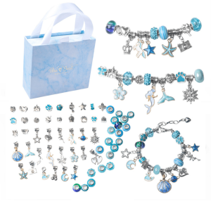 Blue 60-Piece Charm Bracelet Making Kit. Jewelry Charms. Snake Chains Bracelets. DIY Craft Set