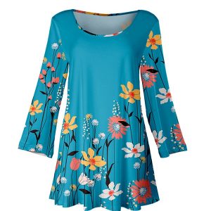 Lily by Firmiana Women's Long Sleeve Scoop Neck Flared Hem Tunic Blue Floral Print with Coral Accents