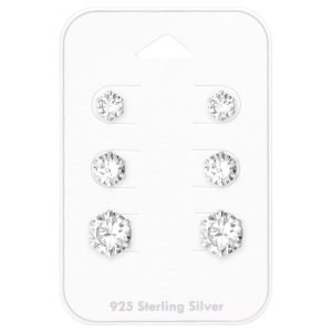 Cubic Zirconia & Sterling Silver Graduated Round-Cut Stud Earring Set