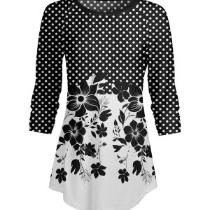 Lily by Firmiana Women's ¾ Sleeve Scoop Neck Tunic Top Black & White Floral Hem