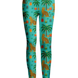 Lily by Firmiana Women's Medium Rise Printed Legging Tropical Palm Holiday Print
