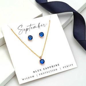 Gold Blue Sapphire - September Swarovski Crystal Necklace Earrings ?C Cz Birthstone Stud Earring Circular Pendant Set