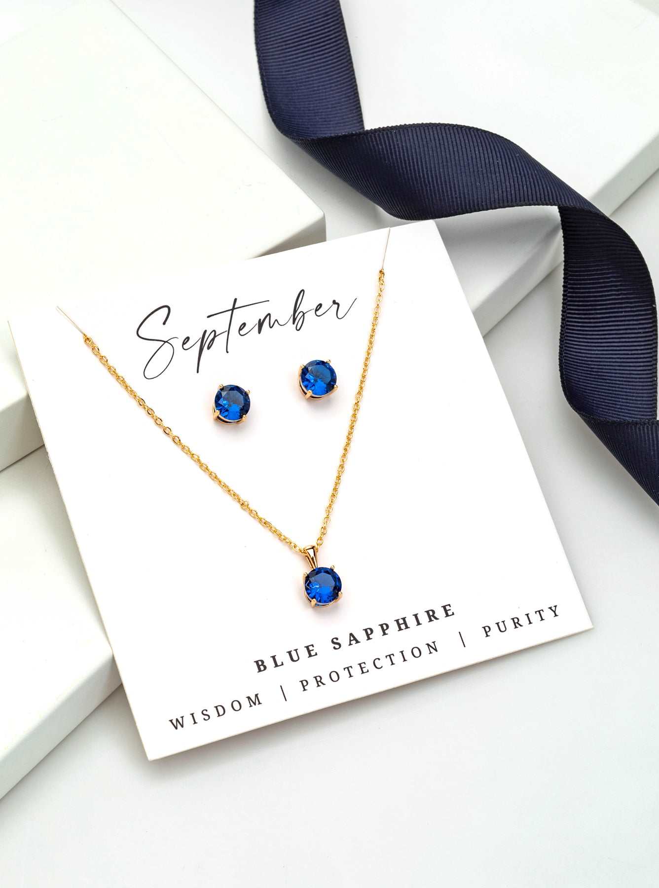 Gold Blue Sapphire - September Swarovski Crystal Necklace Earrings ?C Cz Birthstone Stud Earring Circular Pendant Set
