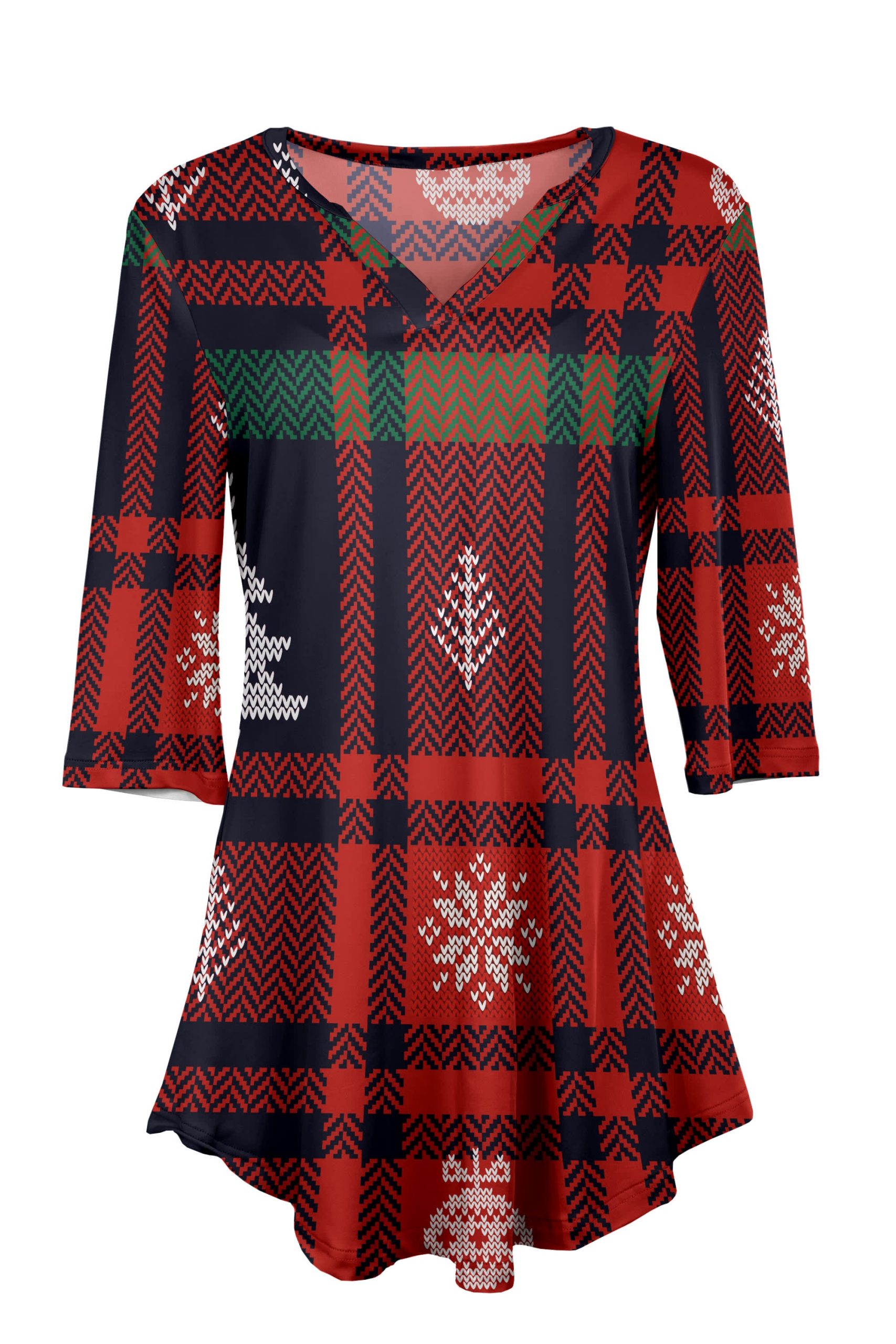 Lily by Firmiana Women's 3/4 Sleeve Notch Neck Tunic Red & Green Nordic Snowflake Plaid Print - Image 3