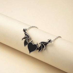 Silvertone Black Winged Heart Pendant Necklace