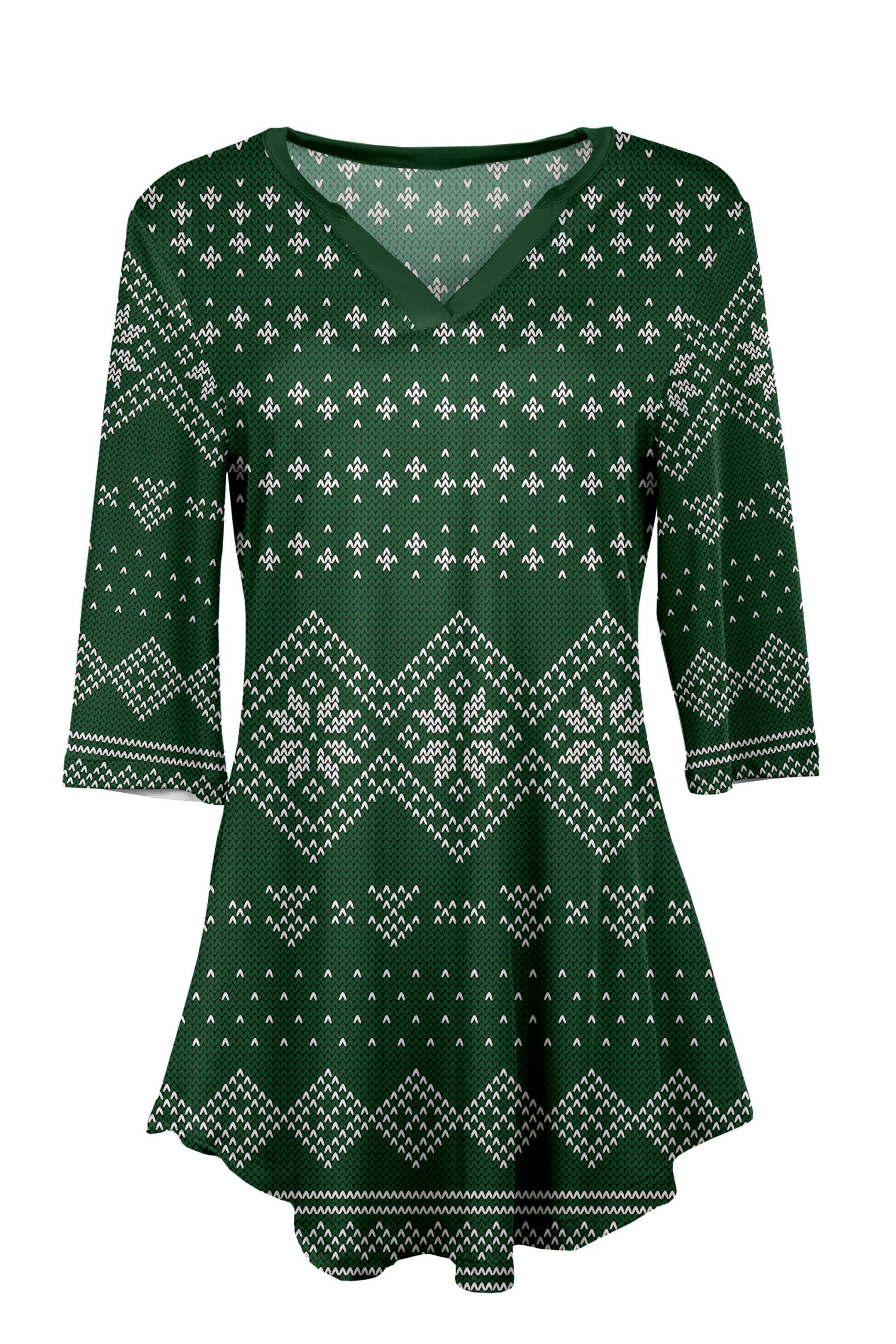 Lily by Firmiana Women's 3/4 Sleeve Notch Neck Tunic Emerald Fair Isle Holiday Sweater Print - Image 2