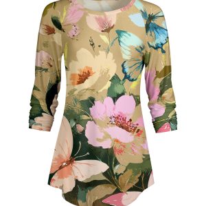 Lily by Firmiana Women's ¾ Sleeve Scoop Neck Tunic Top Orange & Peach Floral Print