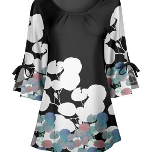 Lily by Firmiana Women's Round Neck Tunic with Split Hem ¾ Sleeves and Tie Detail Black & White Floral Mix