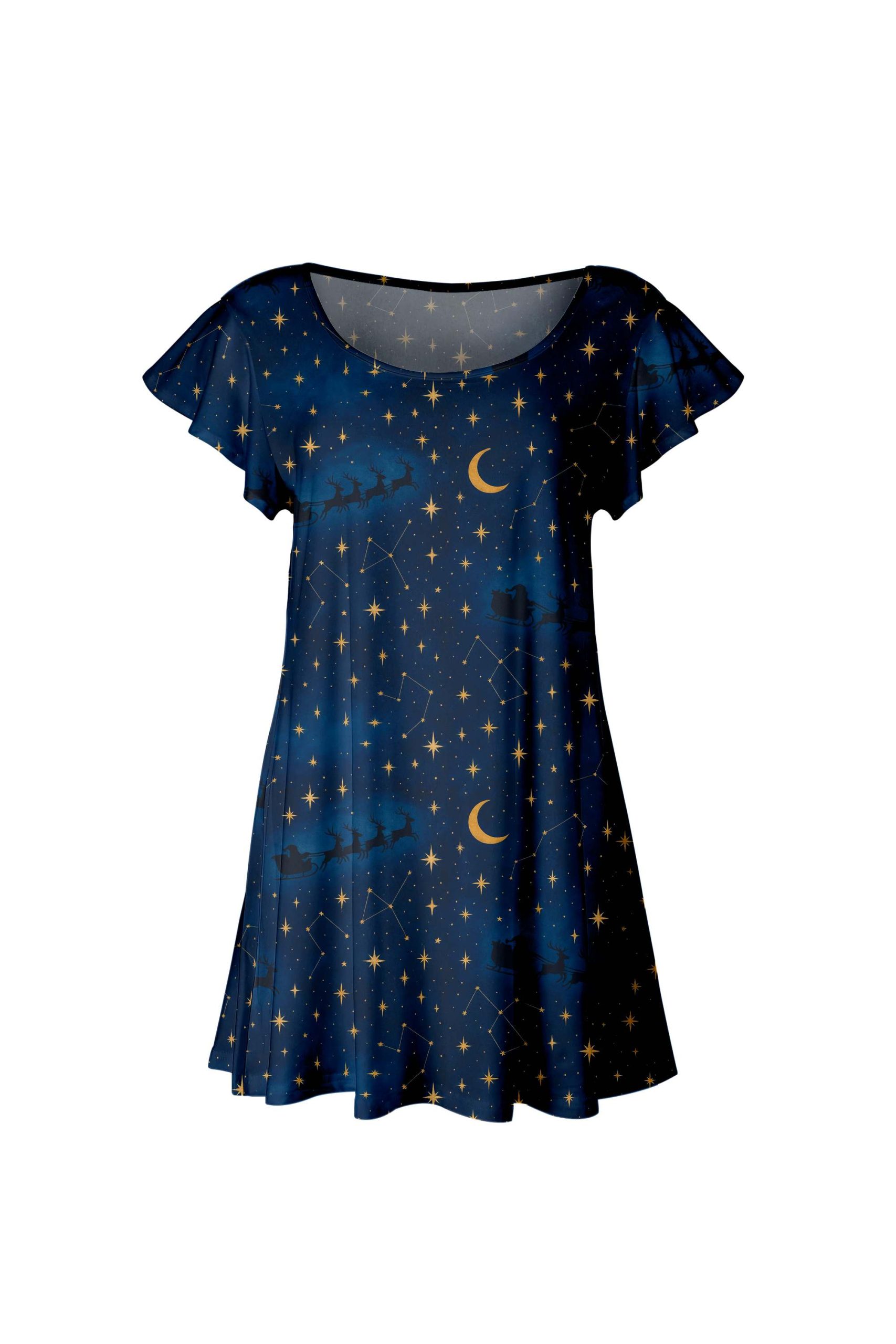 Lily by Firmiana Women's Short Sleeve Flutter Hem Tunic Top Blue and Gold Santa Silhouette Sky Print - Image 2