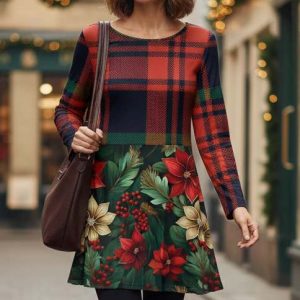 Lily by Firmiana Women's Long Sleeve Scoop Neck Flared Hem Tunic Orange & White Floral Print