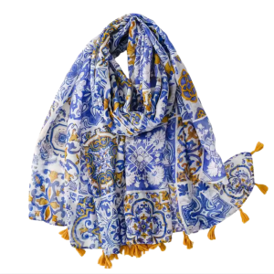 Mediterranean Tile Print Scarf with Tassel Accents