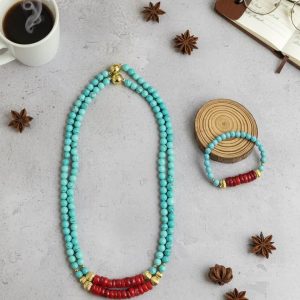 MGR Women's Turquoise and Coral Beaded Necklace & Bracelet Set