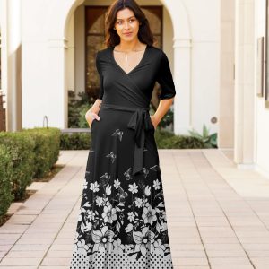 Lily by Firmiana Women's ? Sleeve Wrap-Style Maxi Dress with Tie Black & White Floral Border