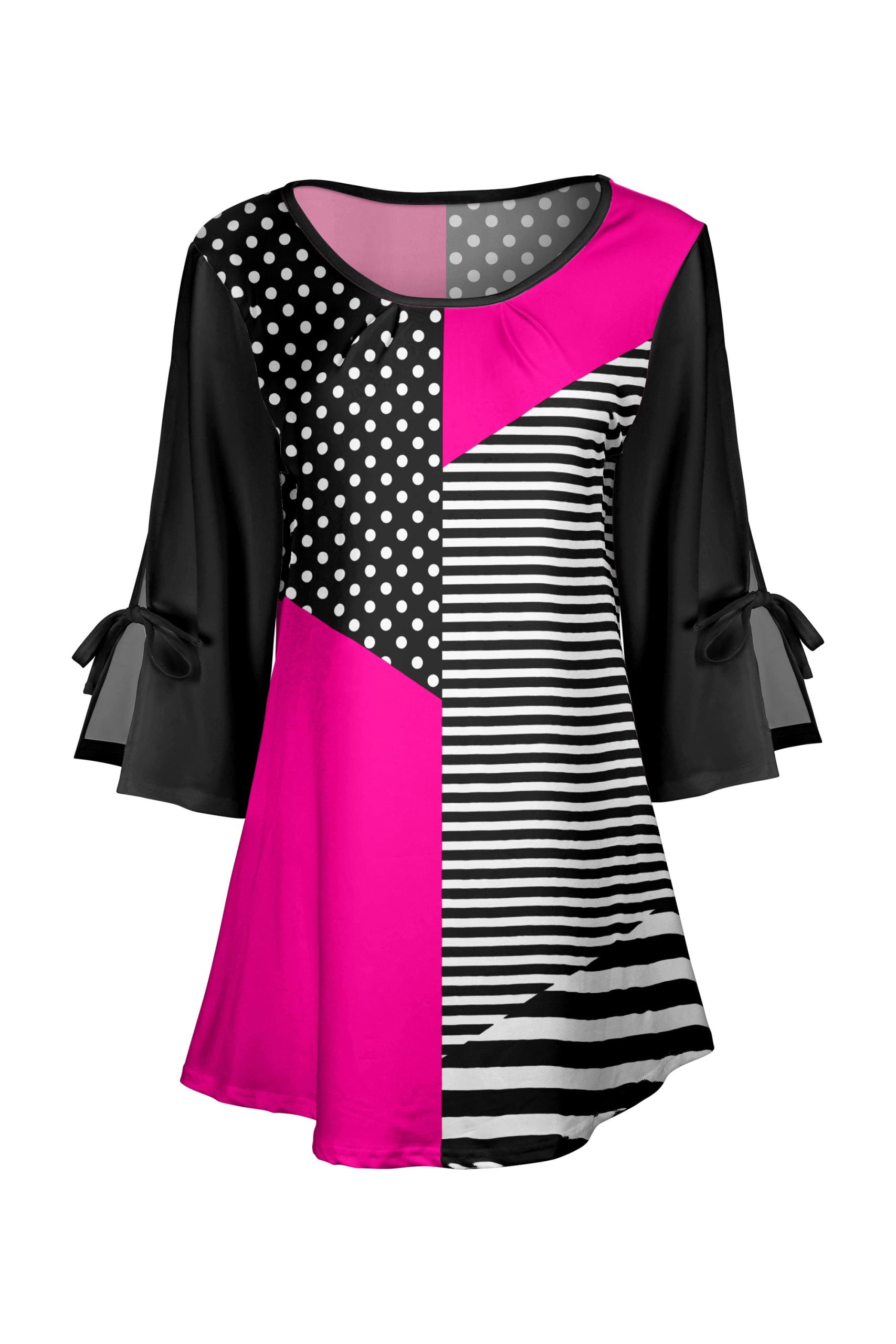 Lily by Firmiana Women's Round Neck Tunic with Split Hem ¾ Sleeves and Tie Detail Hot Pink & Black Stripe Colorblock