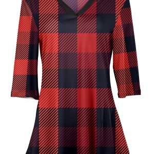 Lily by Firmiana Women's 3/4 Sleeve Notch Neck Tunic Red & Black Buffalo Plaid Holiday Print