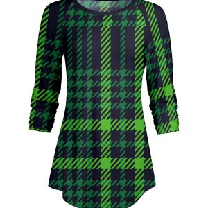 Lily by Firmiana Women's ¾ Sleeve Scoop Neck Tunic Top Green Plaid