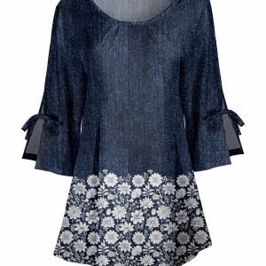 Lily by Firmiana Women's Round Neck Tunic with Split Hem ¾ Sleeves and Tie Detail Navy Denim & White Floral Hem