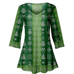 Lily by Firmiana Women's ¾ Sleeve V-Neck Tunic Green Fair Isle Holiday Sweater Print