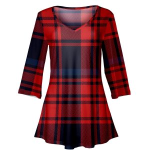 Lily by Firmiana Women's ¾ Sleeve V-Neck Tunic Red & Navy Plaid