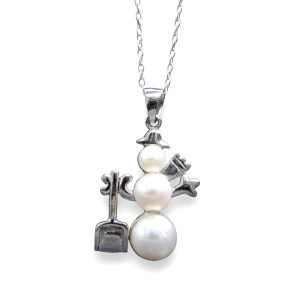 Vera & Co Women Sterling Silver Freshwater Pearl Snowmanw with Shovel Pendant Necklace