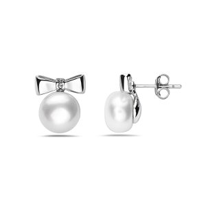 Vera & Co Women Sterling Silver Bow with 10 mm Freshwater Pearl Earring