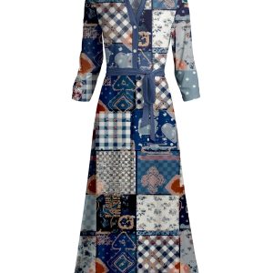 Lily by Firmiana Women's Long Sleeve Collared Maxi Dress with Tie Blue Patchwork Mix