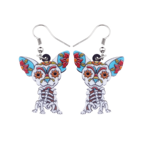 Blue Floral Skeleton Dog Drop Earrings