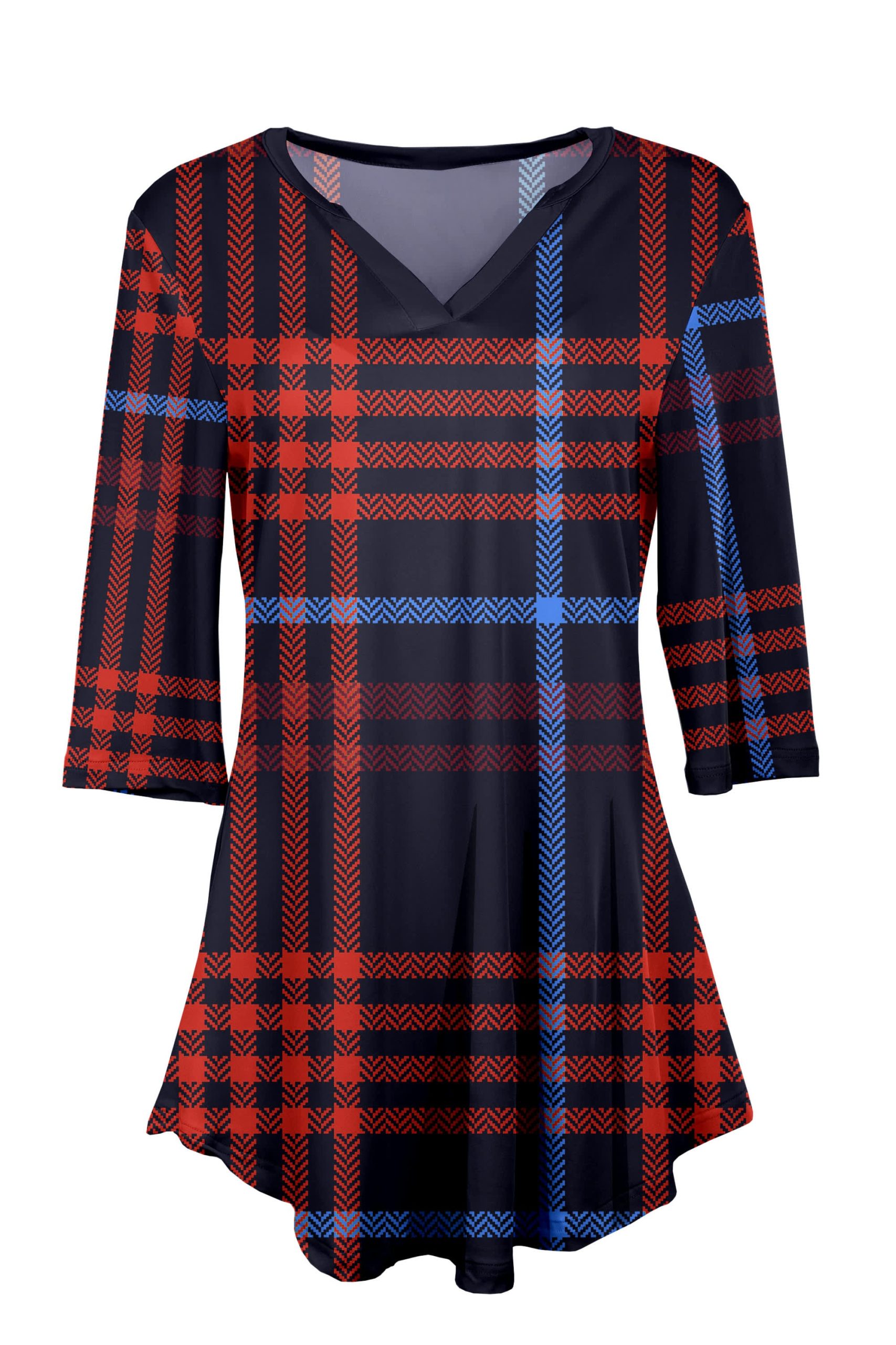 Lily by Firmiana Women's 3/4 Sleeve Notch Neck Tunic Red & Navy Plaid Holiday Print - Image 3