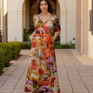 Lily by Firmiana Women's ? Sleeve Wrap-Style Maxi Dress with Tie Rust & Purple Floral Mix