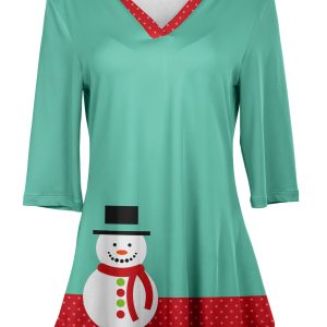 Lily by Firmiana Women's 3/4 Sleeve Notch Neck Tunic Aqua Snowman Holiday Top (FSS-72968)