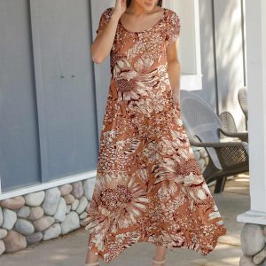 Lily by Firmiana Women's Cap Sleeve Fishtail Maxi Dress Brown & Tan Leaf Mix