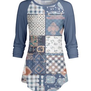 Lily by Firmiana Women's ¾ Sleeve Scoop Neck Tunic Top Blue & Beige Patchwork