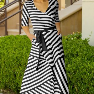 Lily by Firmiana Women's ? Sleeve Wrap-Style Maxi Dress with Tie Black & White Stripe Mix