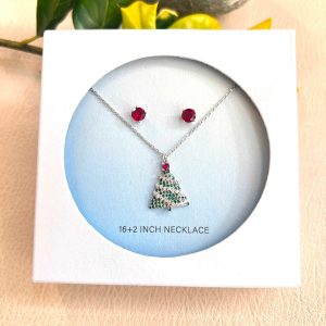 Sterling Silver Set of Earring and Charm Necklace Christmas Tree CZ Pave