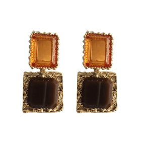 Don't AsK Brown & Orange Dual Crystal Square Earrings ?C Geometric Crystal Jewellery