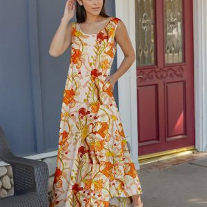 Lily by Firmiana Women's Sleeveless Fishtail Maxi Dress Tan & Red Floral Patchwork Mix